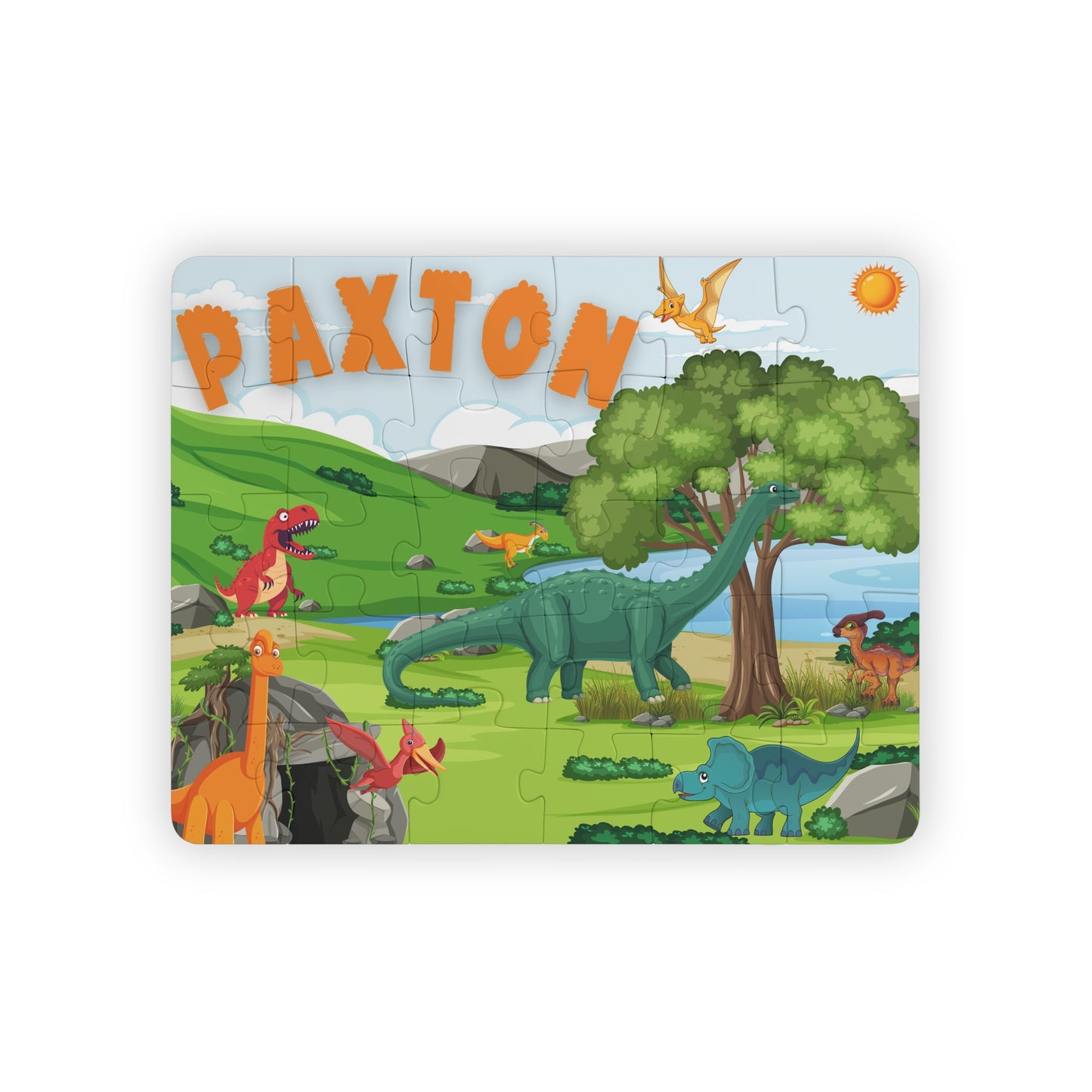 Personalized dinosaur name puzzle for kids featuring a colorful Jurassic scene with volcano, T-rex, palm trees, and friendly dinosaurs, custom child name displayed at the top, 30-piece educational jigsaw