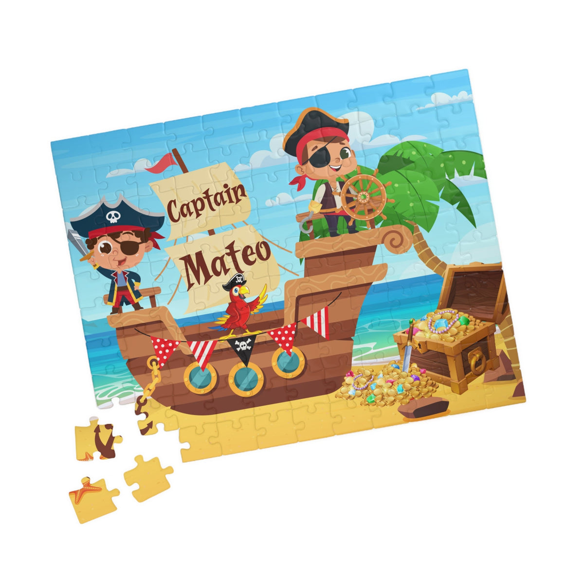 110-piece personalized kids jigsaw puzzle featuring a pirate ship scene with cartoon pirates, treasure chest, and ocean background. Puzzle includes a customizable name displayed on the ship banner.