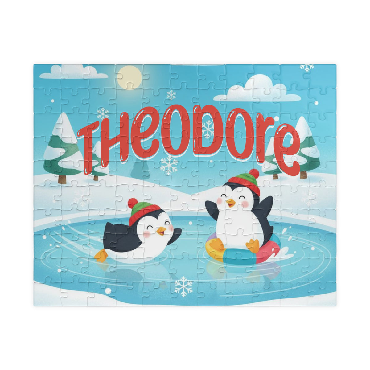 Personalized 110-piece Christmas puzzle featuring a custom name with two adorable penguins playing on a snowy winter pond.