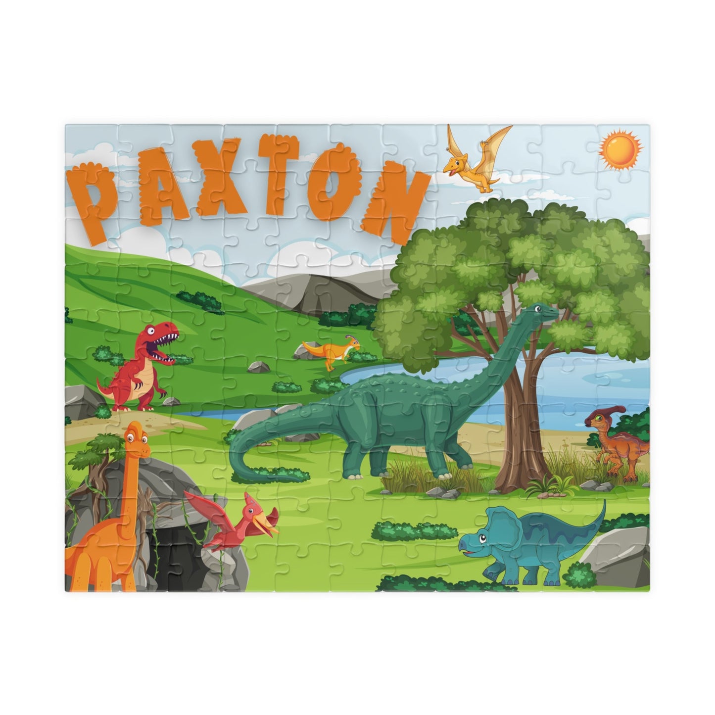 Personalized 110-piece dinosaur jigsaw puzzle for kids featuring a colorful prehistoric scene with multiple dinosaurs, trees, hills, and a custom child’s name displayed at the top