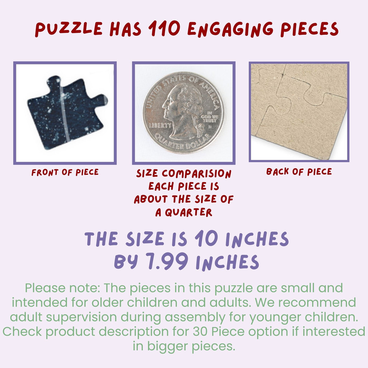 110-piece jigsaw puzzle size and piece comparison image showing the front and back of a puzzle piece, with each piece approximately the size of a quarter, designed for older children and adults.