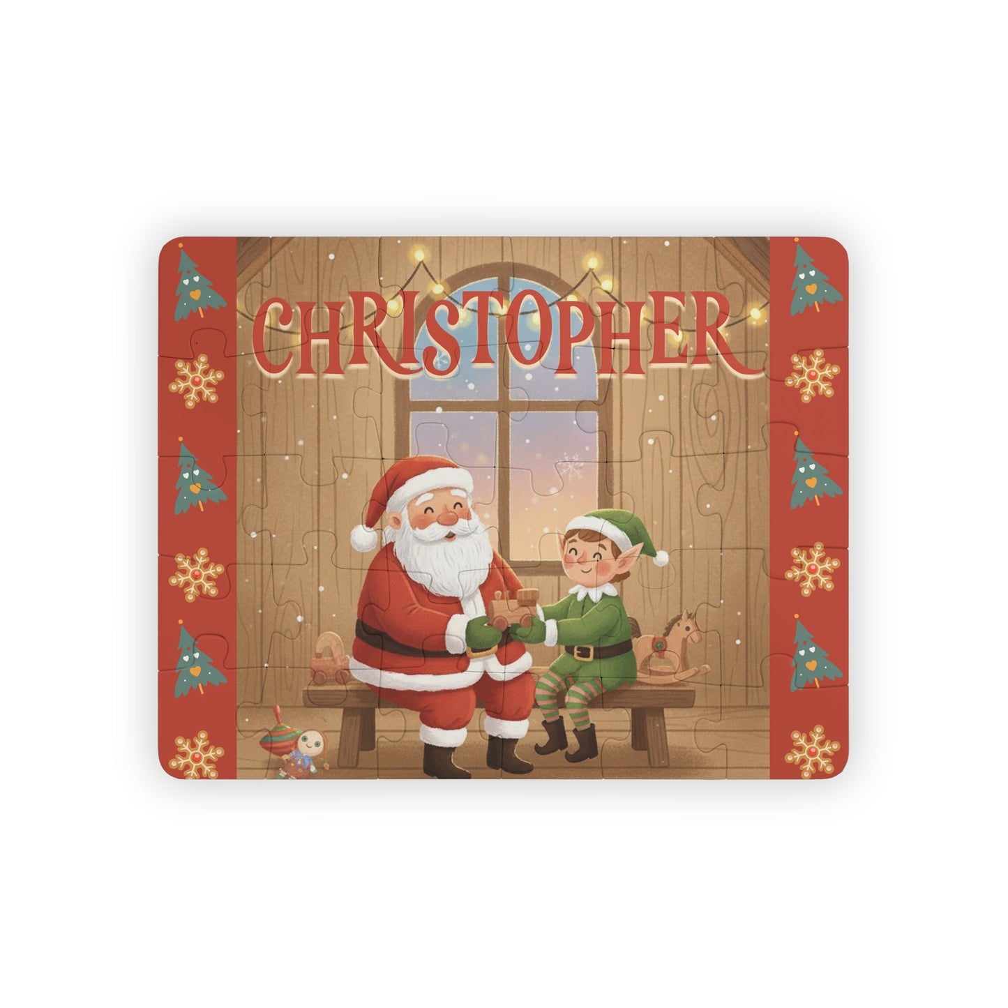 Personalized kids Christmas puzzle showing a complete 30-piece Santa and elf workshop scene with festive details. A customizable name appears prominently across the top of the puzzle
