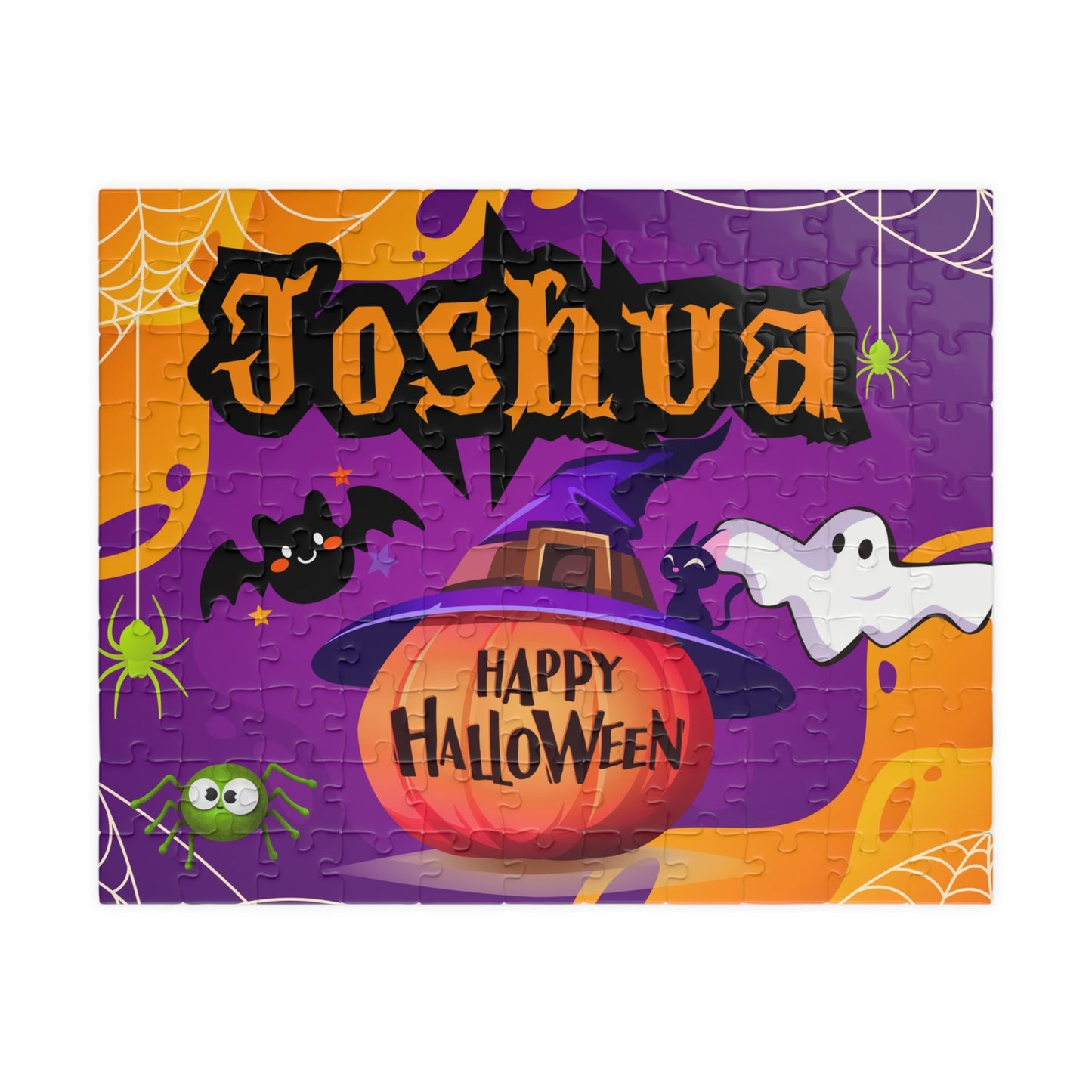 Personalized Halloween kids jigsaw puzzle with a customizable name displayed across the top, featuring a pumpkin wearing a witch hat, ghosts, bats, spiders, and purple spooky background in a 110-piece layout.