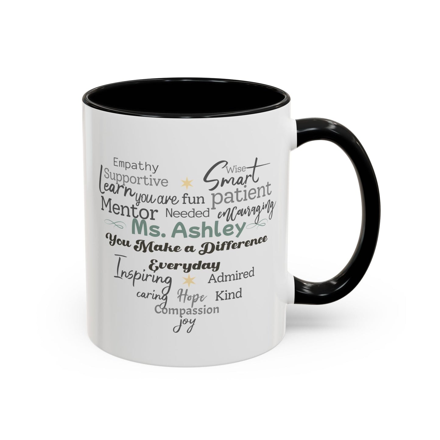 Personalized Heart Word Cloud Accent Mug – Custom Name Gift for Teachers, Therapists & Mentors, Black Handle, 11oz & 15oz Printify