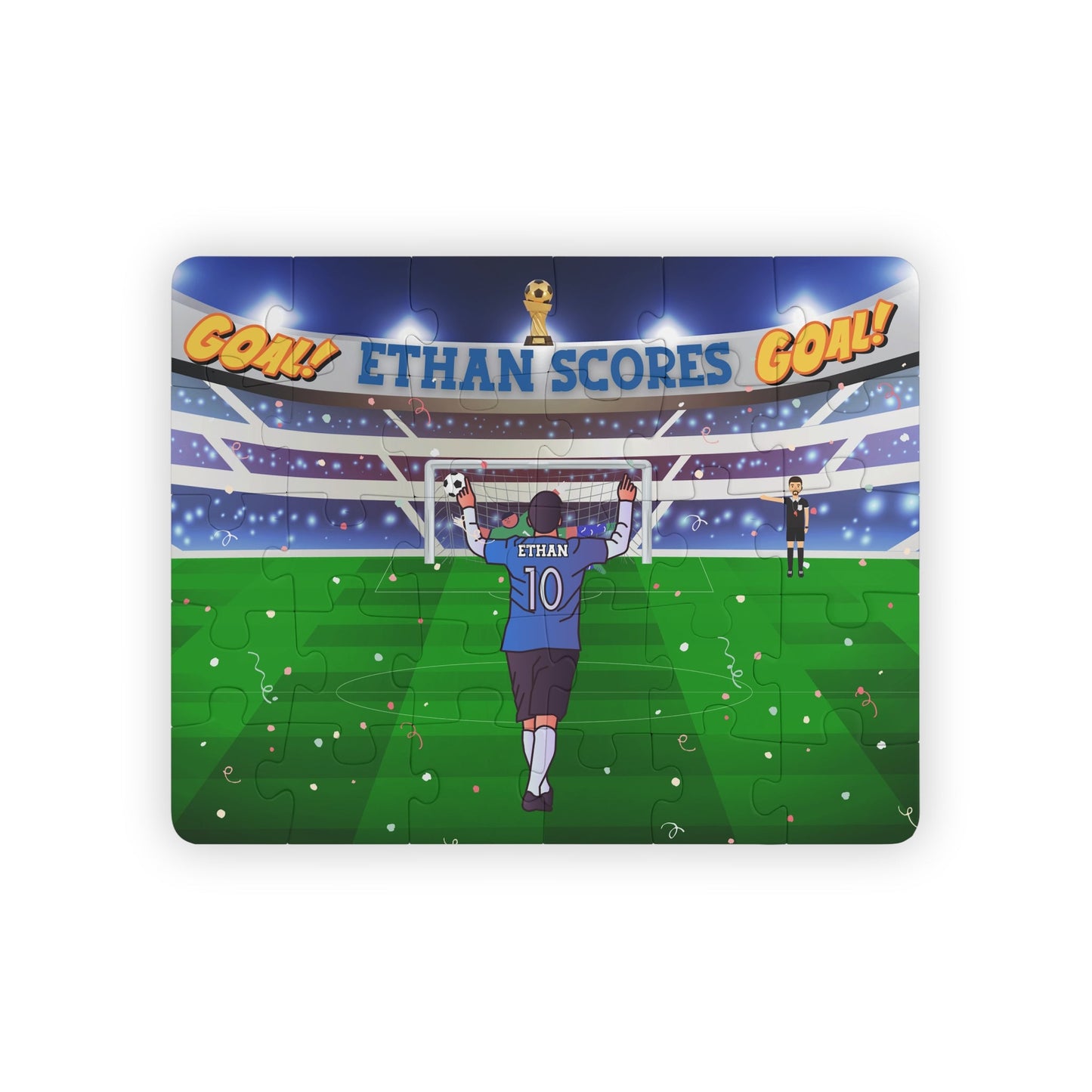Personalized Kids Soccer Puzzle – Custom Name Jigsaw with Stadium Scene (30 Pieces) Printify
