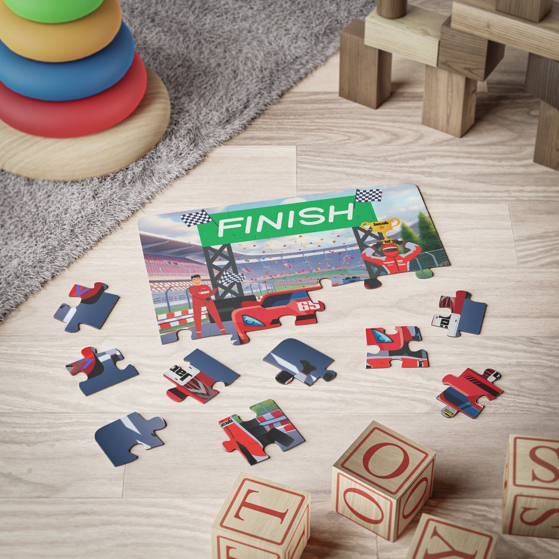 Personalized Kids Racecar Puzzle – 30-Piece Speedway Jigsaw with Winning Car, Custom Name on License Plate, Driver & Trophy Scene Printify
