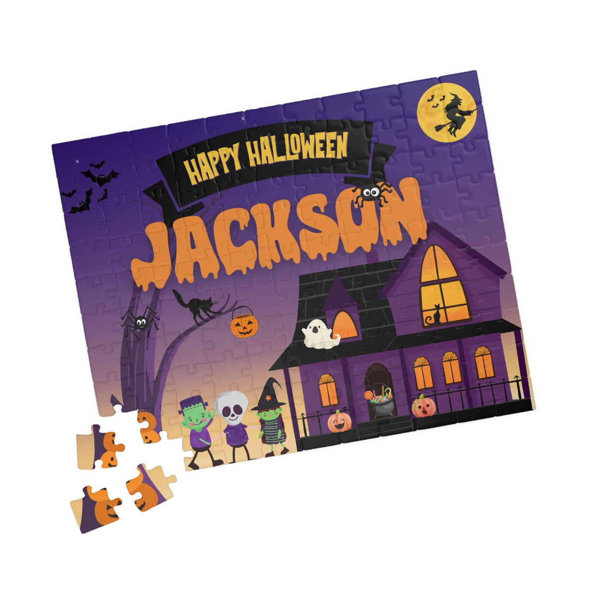Close-up of 110-piece personalized Halloween kids puzzle showing individual jigsaw pieces with purple, orange, and black spooky artwork from a haunted house trick-or-treat scene. Name customization appears on the completed puzzle.