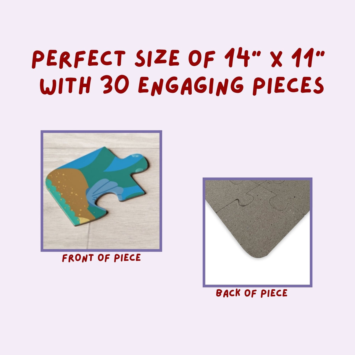Close-up graphic showing the front and back of a jigsaw puzzle piece, highlighting printed artwork on the front and plain chipboard backing, with text indicating puzzle size and piece count.