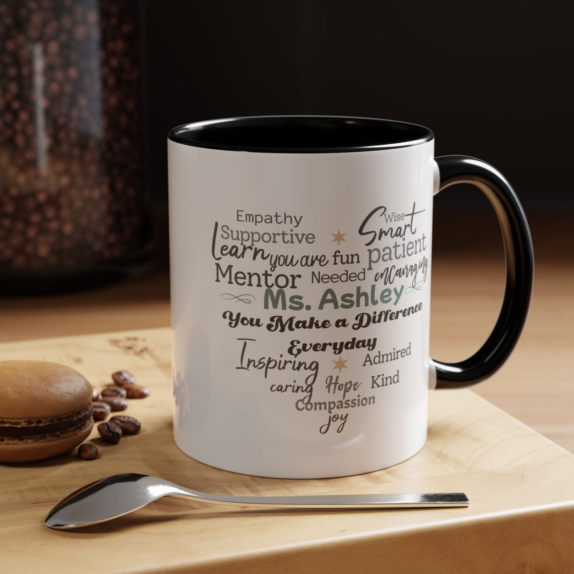 Personalized Heart Word Cloud Accent Mug – Custom Name Gift for Teachers, Therapists & Mentors, Black Handle, 11oz & 15oz Printify