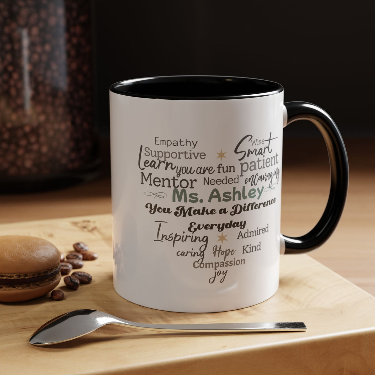 Personalized Heart Word Cloud Accent Mug – Custom Name Gift for Teachers, Therapists & Mentors, Black Handle, 11oz & 15oz Printify