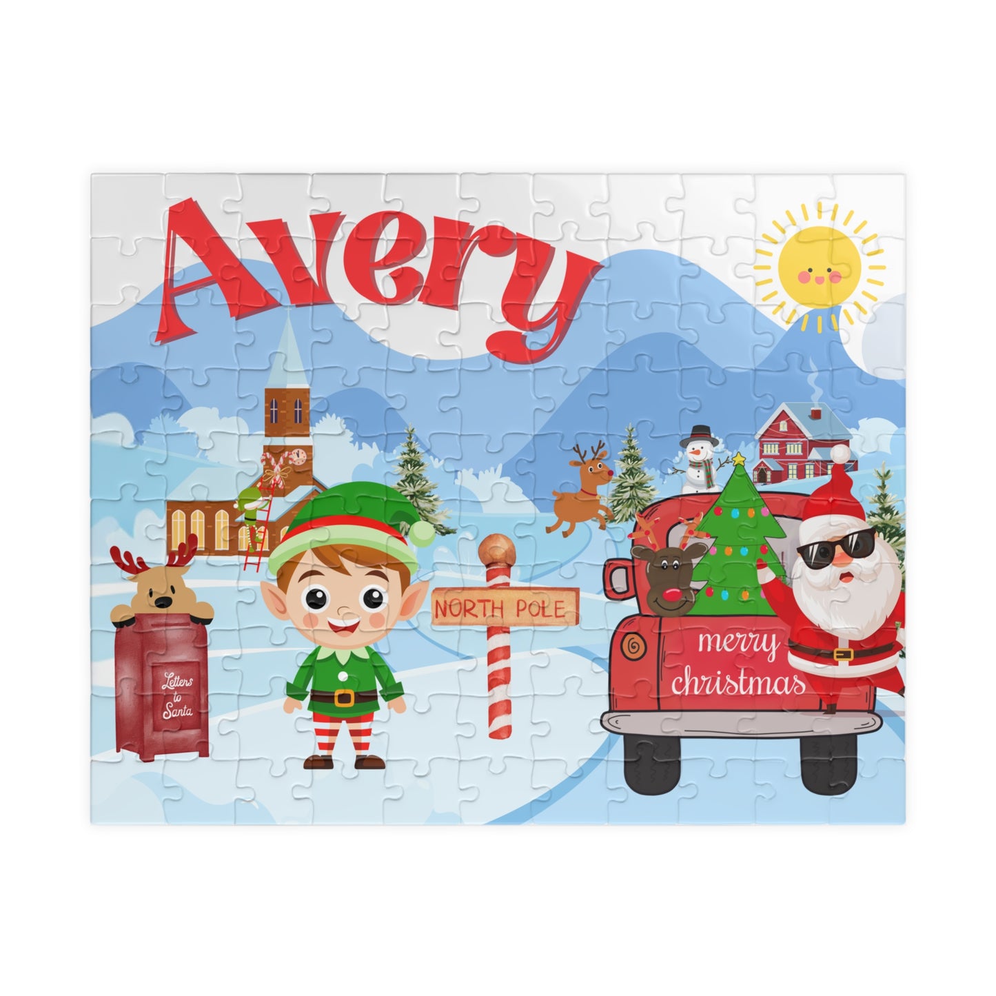 Personalized 110-piece Christmas puzzle featuring a custom name, cheerful elf, Santa in a festive truck, reindeer, North Pole sign, and snowy holiday village.