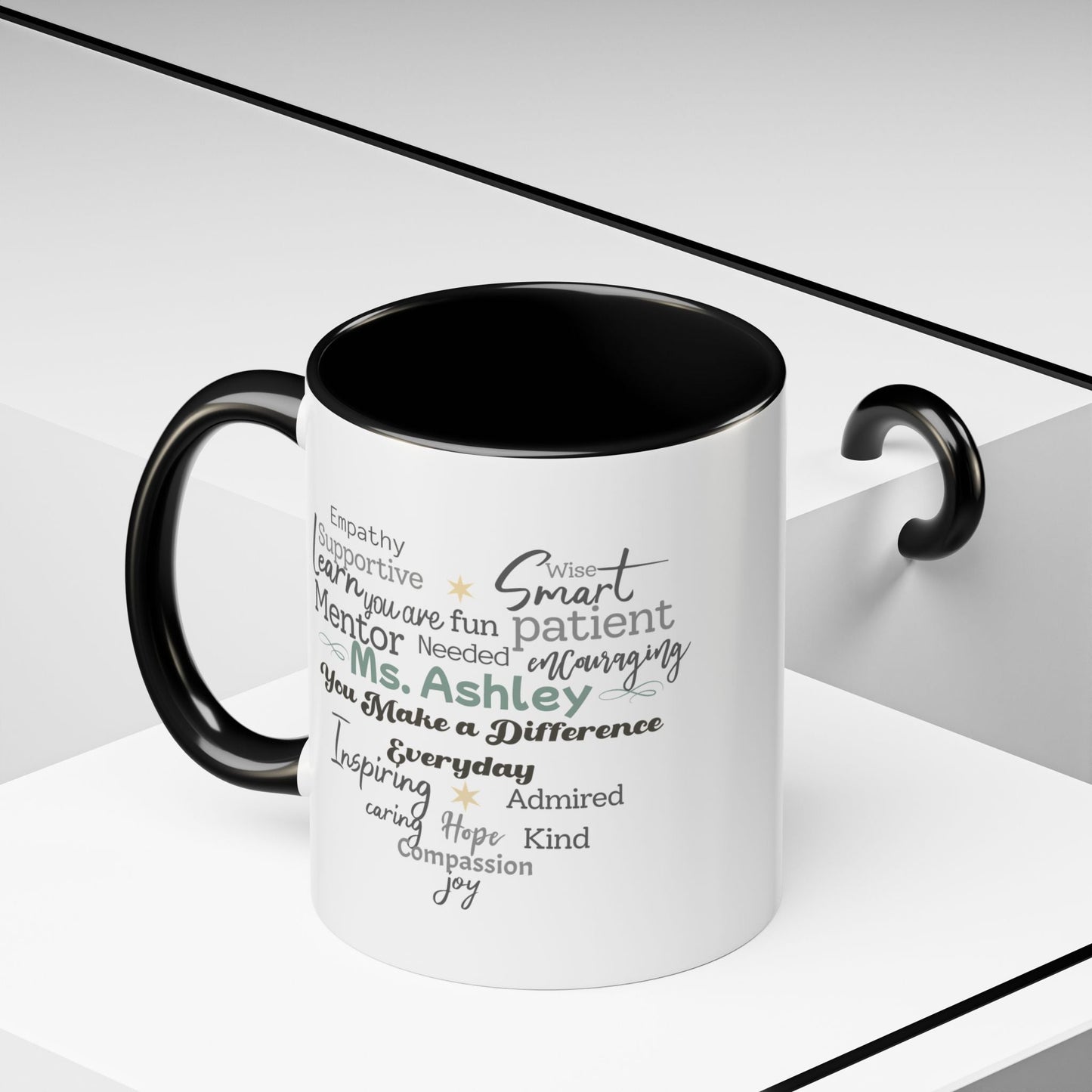 Personalized Heart Word Cloud Accent Mug – Custom Name Gift for Teachers, Therapists & Mentors, Black Handle, 11oz & 15oz Printify