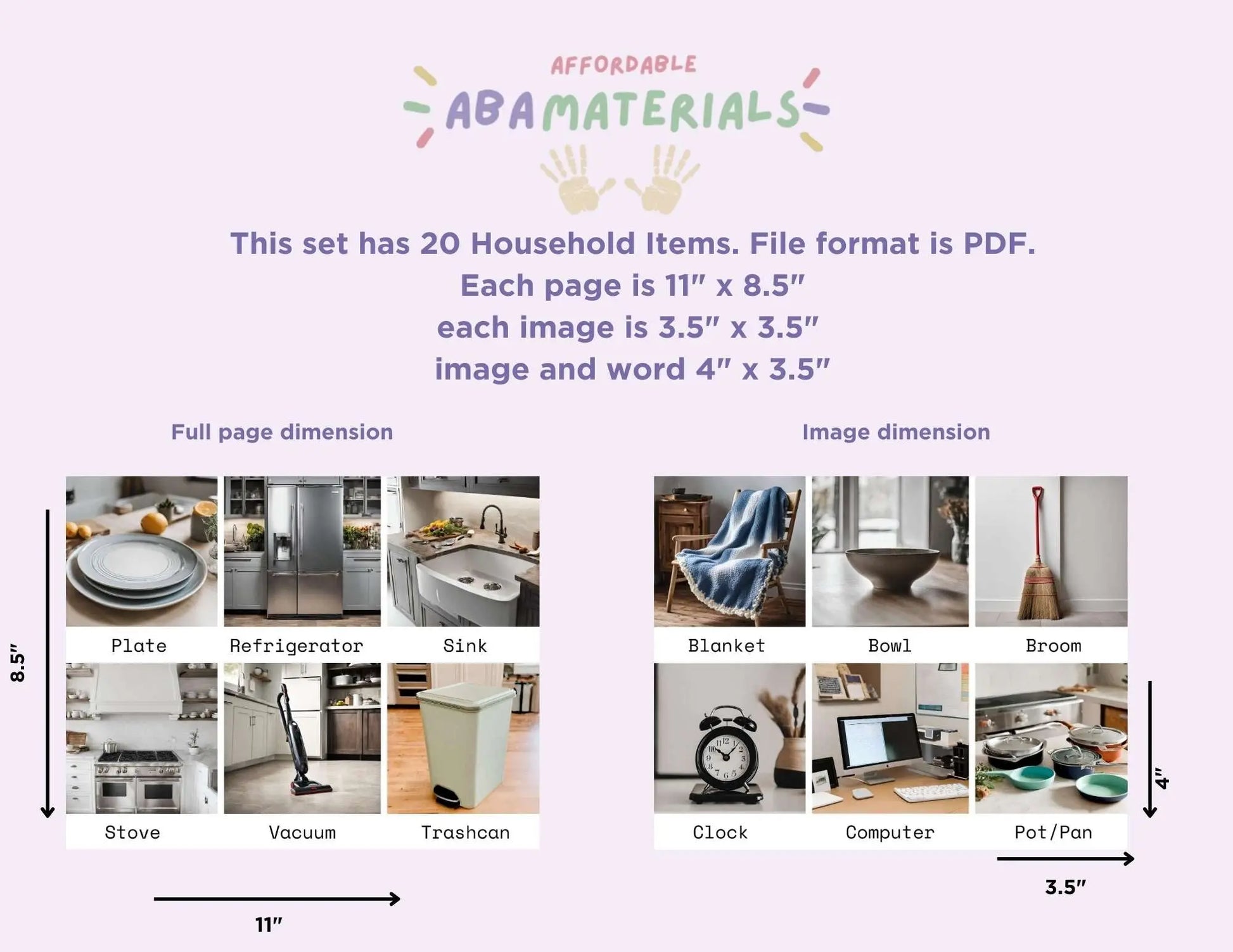 20 Household Item Flash Card Set with Pictures and Words Printable PDF Affordable ABA Materials