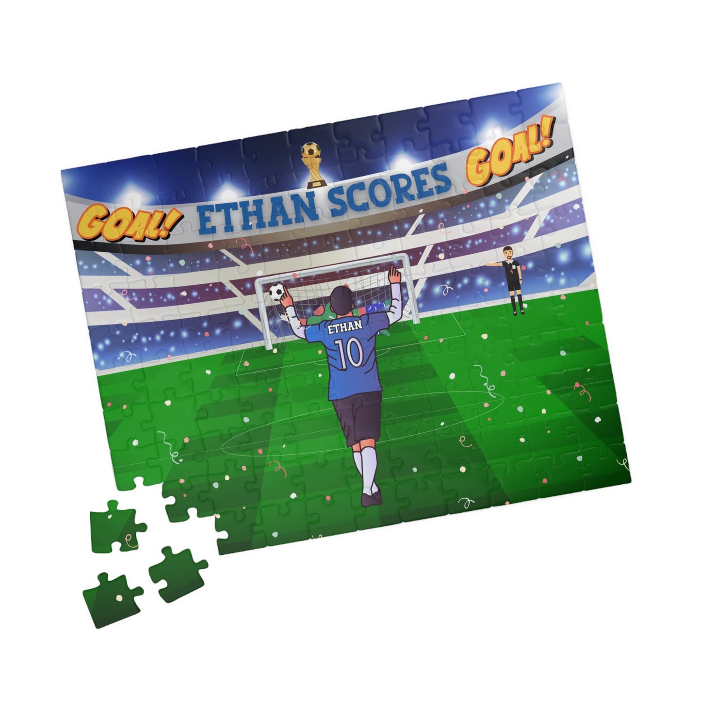 Personalized Kids Soccer Puzzle – 110-Piece Custom Name Jigsaw with Stadium Scene Printify