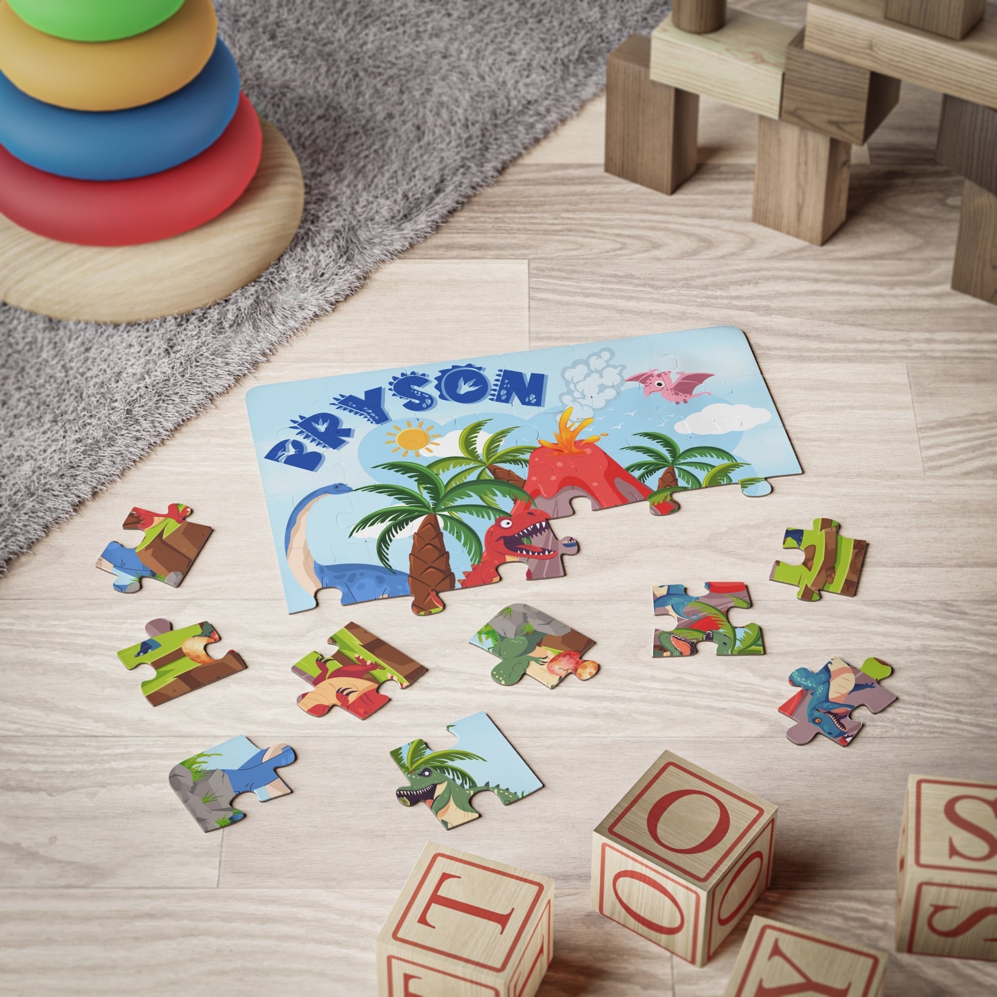 Personalized Dinosaur Jigsaw Puzzle – 30-Piece Jurassic Volcano Scene with T-Rex Printify
