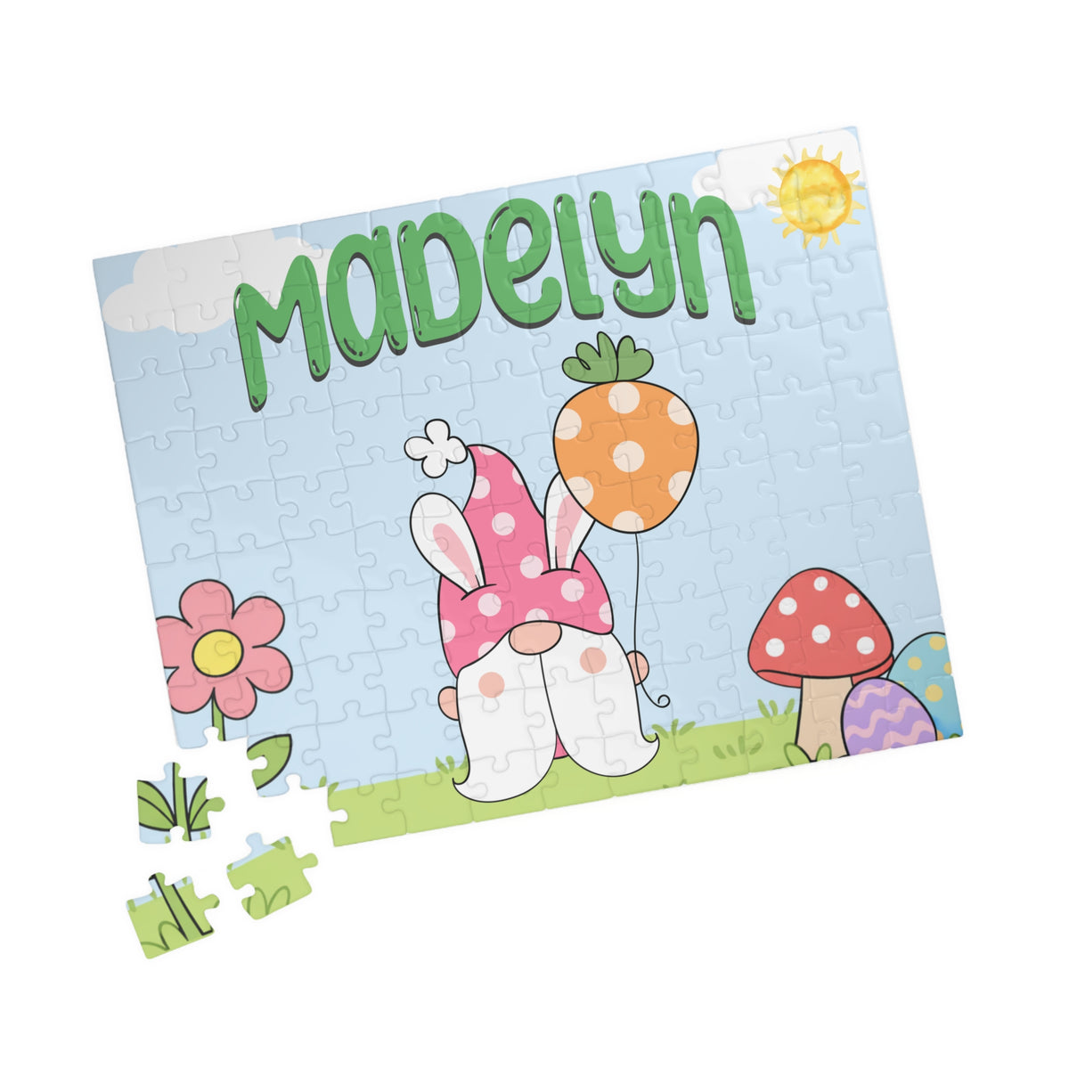 Custom Easter gnome puzzle displayed partially assembled with loose jigsaw pieces nearby, highlighting the personalized name and spring-themed illustration on a 110-piece puzzle.
