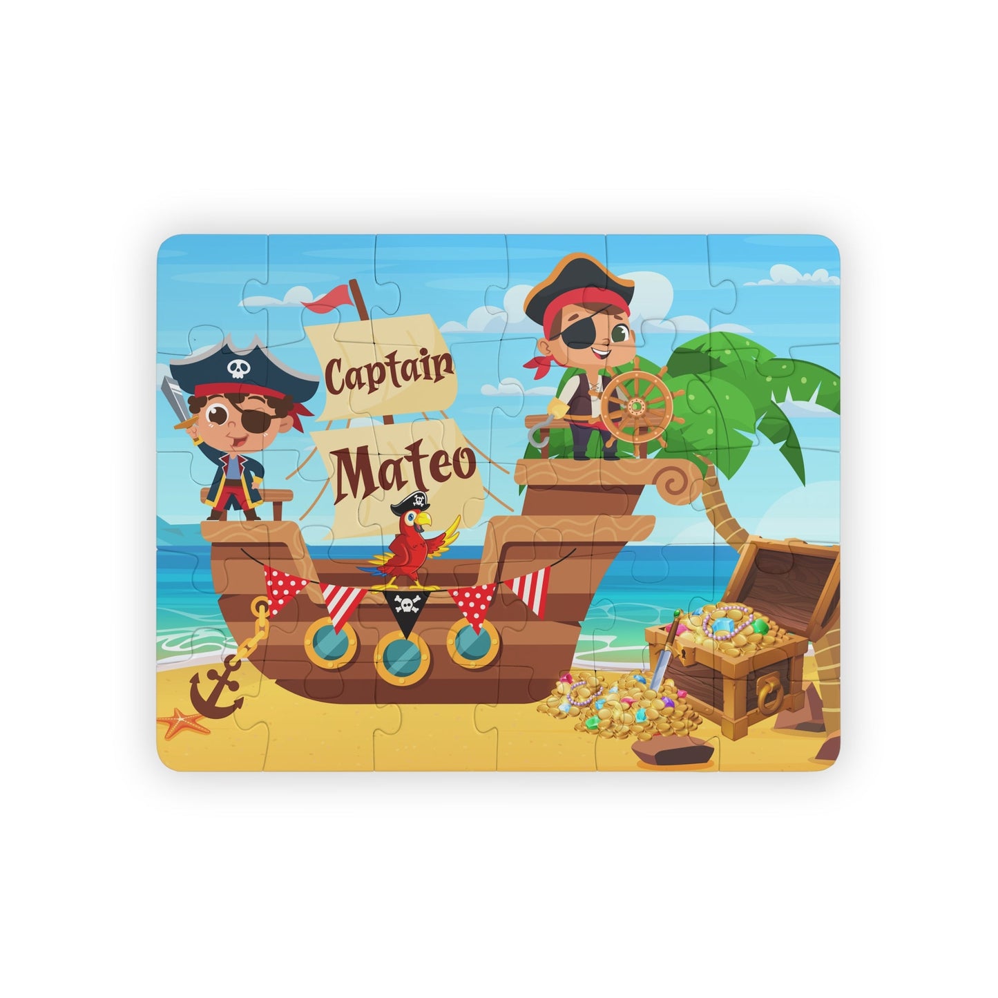 Personalized pirate ship name puzzle for kids featuring two cute cartoon pirates sailing on a wooden ship with a parrot, treasure chest, gold coins, and ocean background. The child’s name is customizable and appears on the sail of the ship (shown as “Captain Mateo”), making this a custom 30-piece jigsaw designed for toddlers and young children.