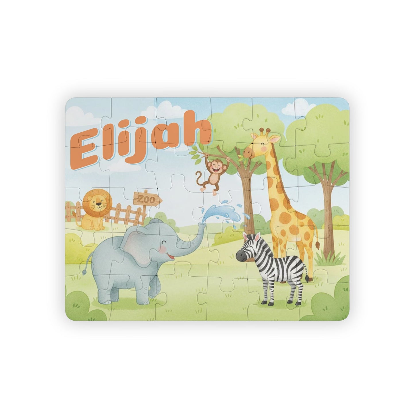 Personalized zoo animal kids puzzle featuring a customizable name at the top, with a cute elephant, giraffe, zebra, lion, and monkey scene