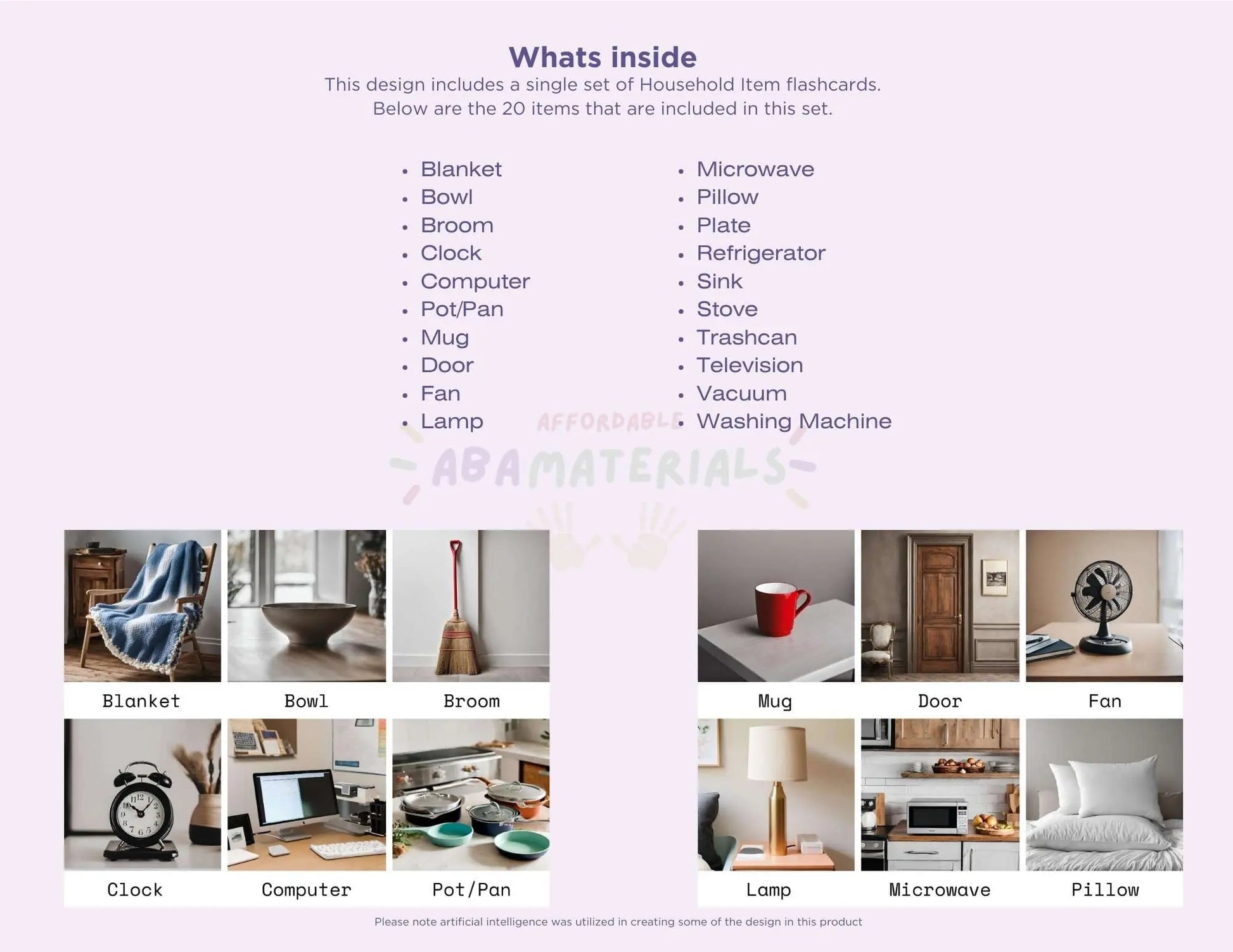 20 Household Item Flash Card Set with Pictures and Words Printable PDF Affordable ABA Materials