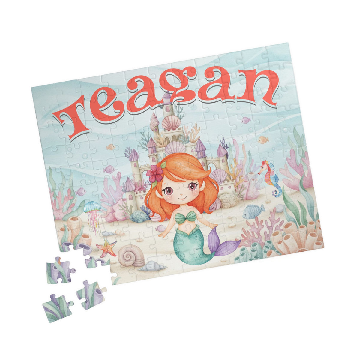 110-piece personalized mermaid puzzle showing an underwater scene with a mermaid, ocean castle, coral reefs, seashells, fish, and a customizable child’s name displayed across the top.