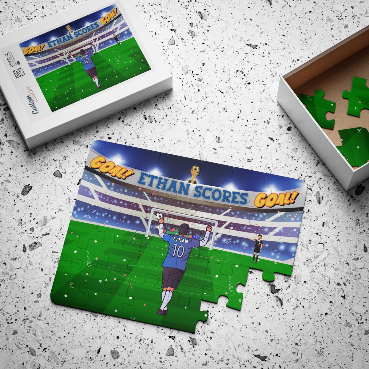 Personalized kids soccer puzzle box featuring a stadium goal scene with a custom name on the player’s jersey, 30-piece jigsaw.