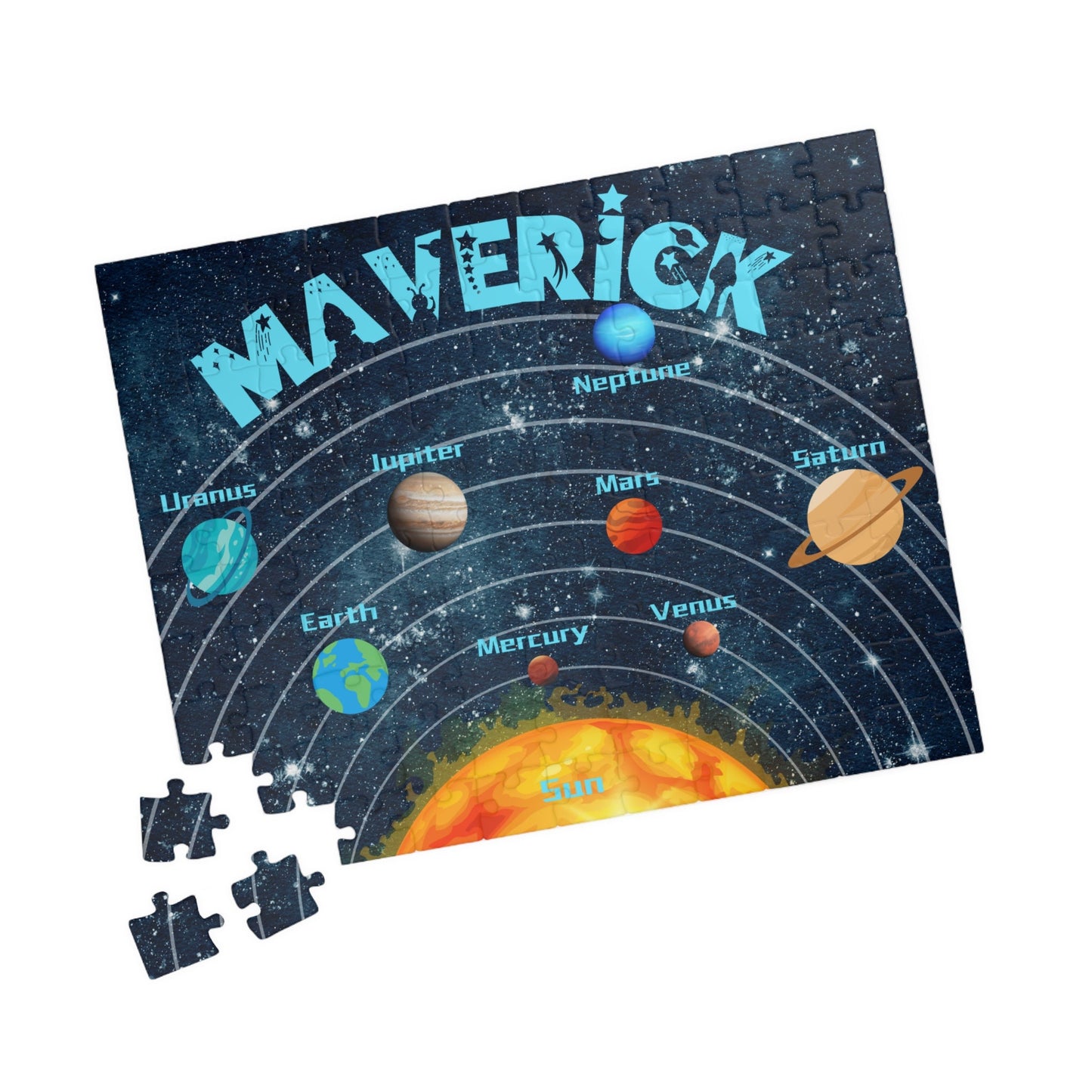Personalized Space-Themed Kids Puzzle – 110 Piece Solar System Jigsaw with Custom Name – Educational Gift for Older Kids & Families Printify