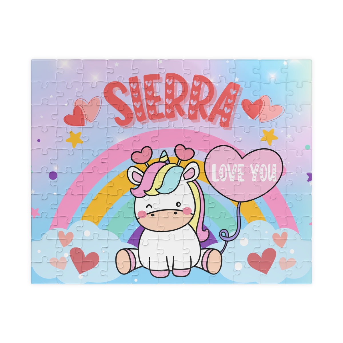 Personalized 110-piece unicorn rainbow puzzle with rainbow arch, heart balloon, pastel sky, and customizable child’s name prominently displayed.