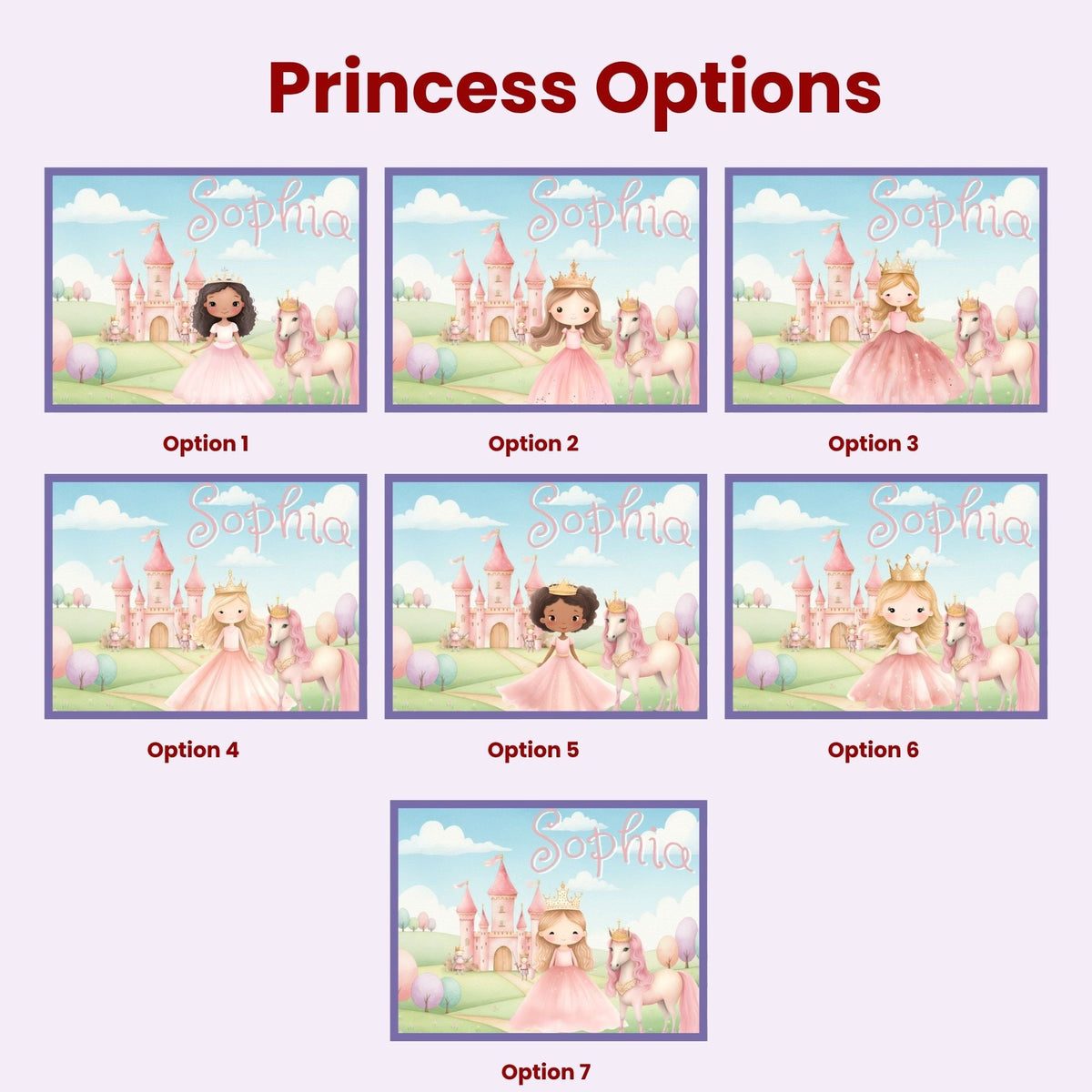 Princess character selection options for a personalized castle puzzle, allowing customers to choose the princess style while adding a custom name to the top of the jigsaw design