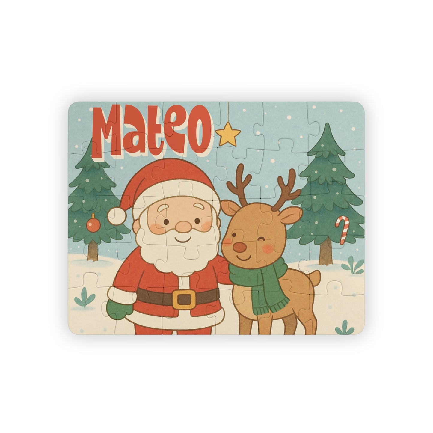 Personalized kids Christmas jigsaw puzzle featuring Santa and a reindeer in a winter forest scene, with a customizable child’s name displayed across the top of the puzzle.