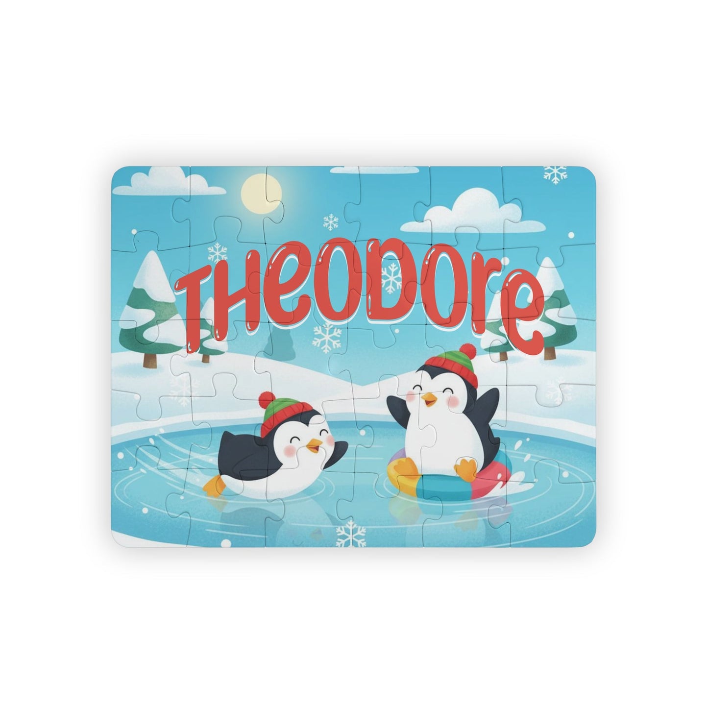 Personalized penguin winter scene jigsaw puzzle for kids featuring a customizable name printed across the top, with playful penguins ice skating in a snowy landscape, 30-piece puzzle