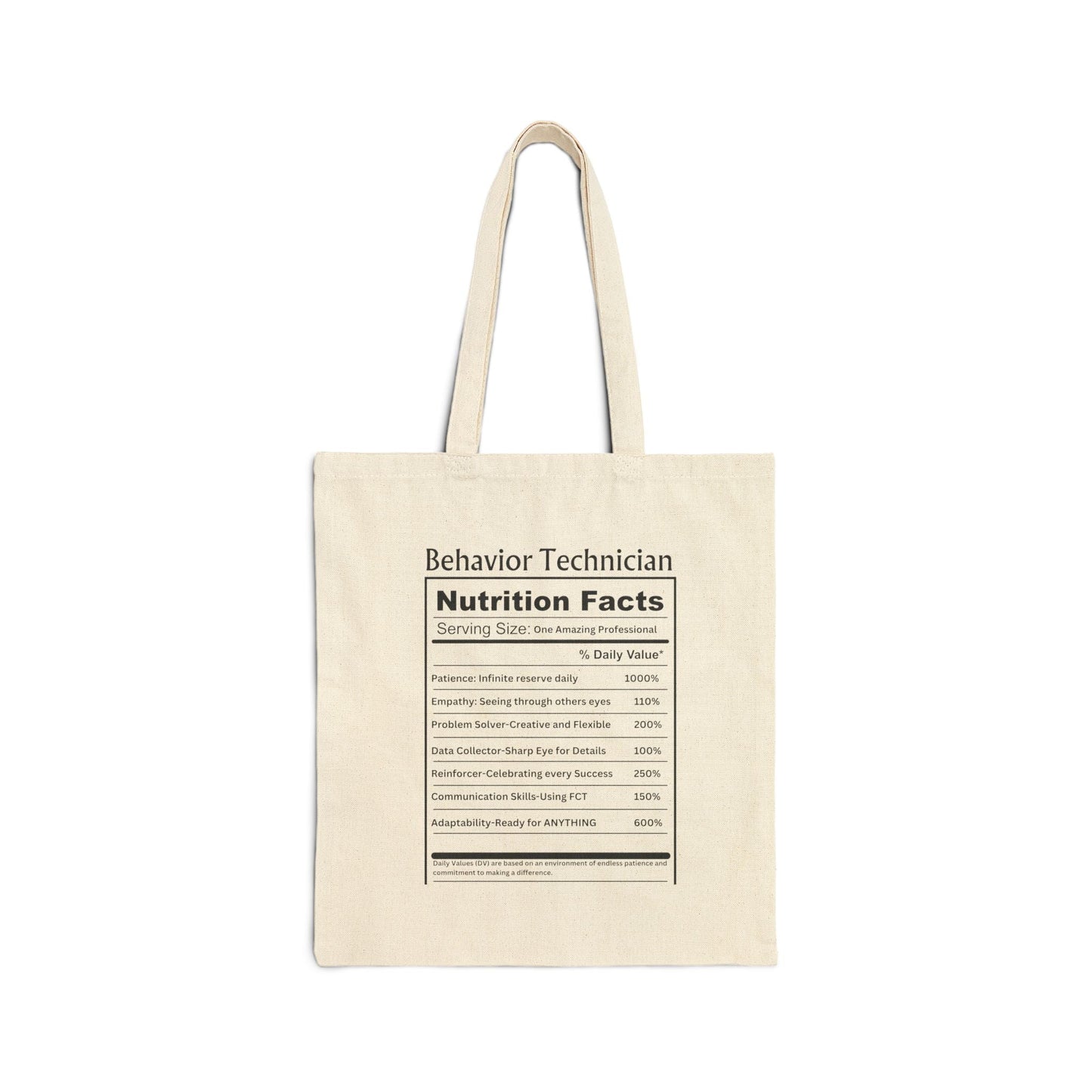 Behavior Technician Nutrition Facts Tote Bag – Cotton Canvas - Perfect for ABA Professional Printify