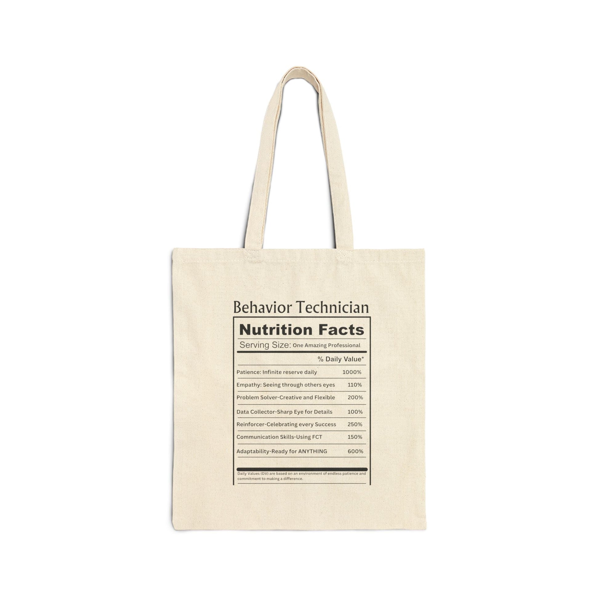 Behavior Technician Nutrition Facts Tote Bag – Cotton Canvas - Perfect for ABA Professional Printify