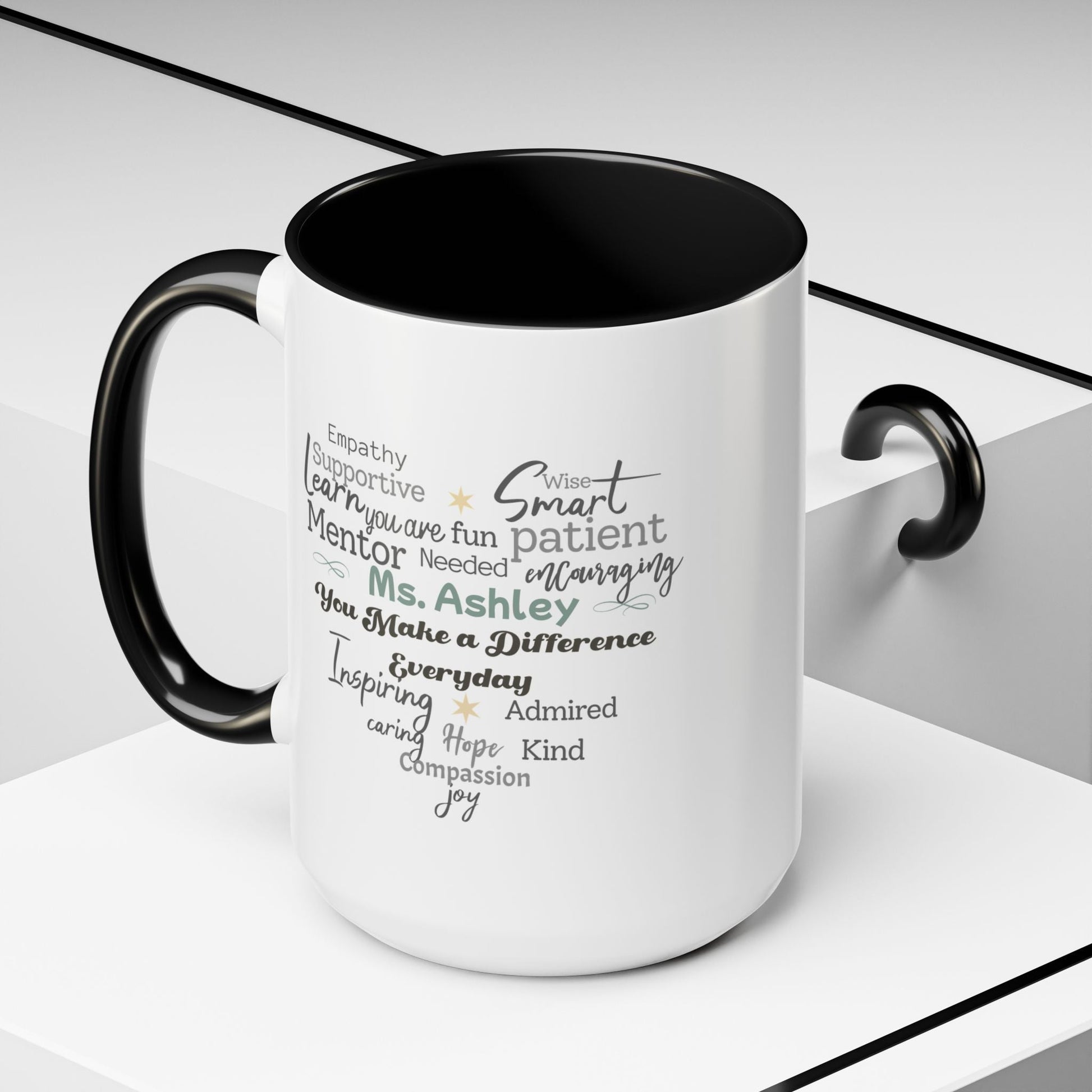 Personalized Heart Word Cloud Accent Mug – Custom Name Gift for Teachers, Therapists & Mentors, Black Handle, 11oz & 15oz Printify