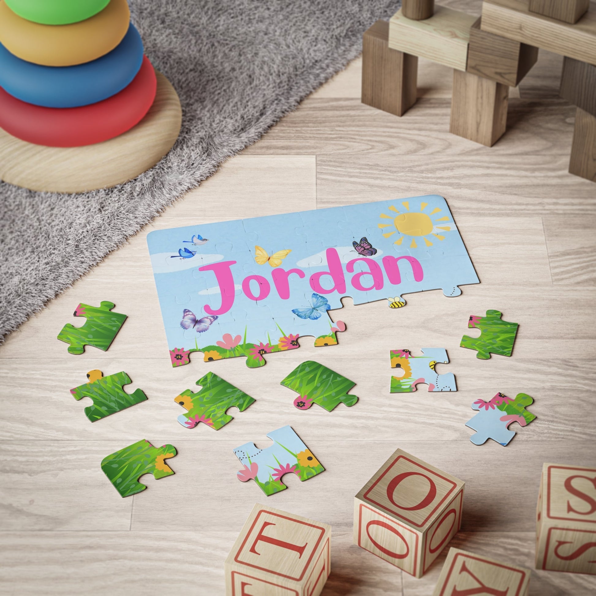Personalized 30-Piece Kids Puzzle – Flowers, Butterflies, Birds & Bees on a Sunny Day Printify