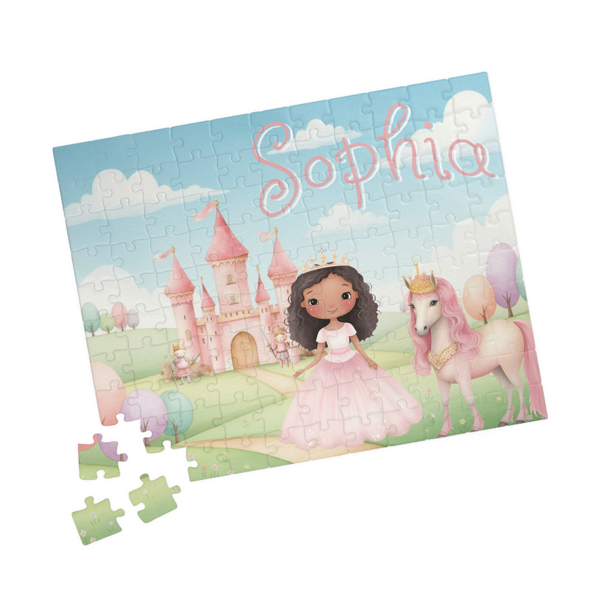 110-piece personalized princess puzzle featuring a fairytale castle, a princess in a pink dress, horse companion, pastel landscape, and a customizable child’s name displayed across the sky.