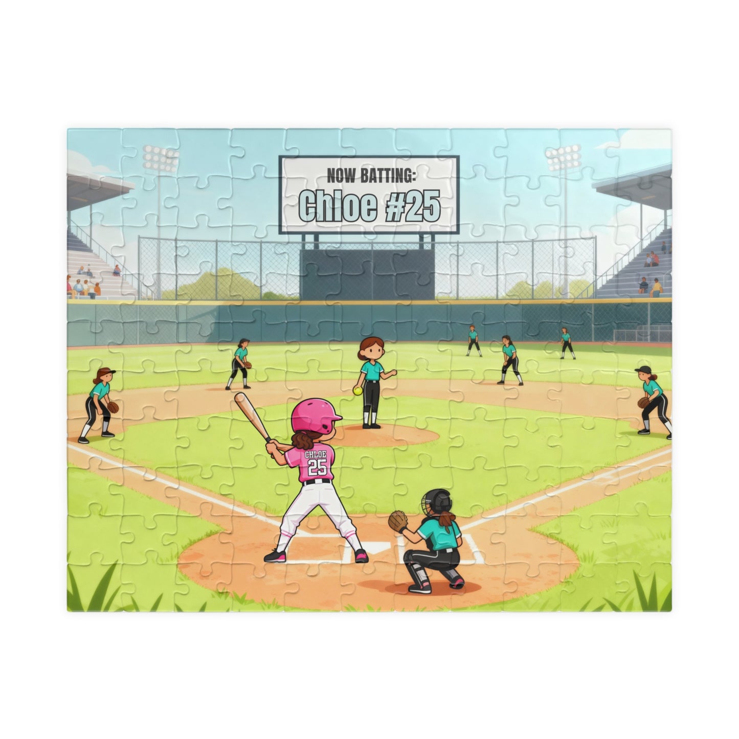 Completed personalized softball puzzle featuring a game-day field scene with a batter, teammates, stadium seating, scoreboard showing a customizable name and number, and jersey personalization on the player.