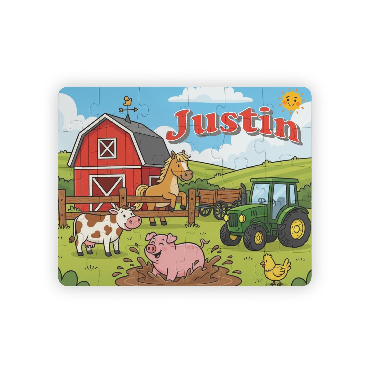 Personalized kids farm jigsaw puzzle featuring a barnyard scene with a red barn, tractor, cow, horse, pig, and chicken. A customizable child’s name appears across the top of the puzzle.