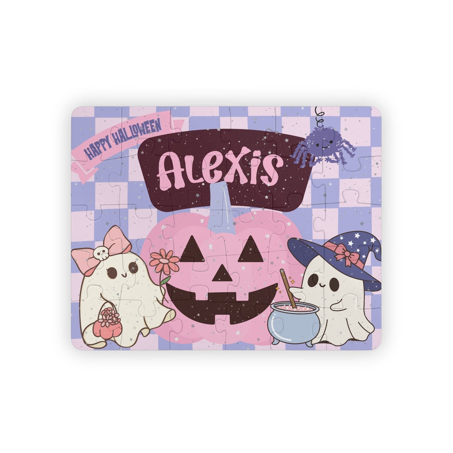 Personalized Halloween jigsaw puzzle for kids featuring a customizable name across the top of the puzzle, illustrated with smiling ghosts and a pumpkin, shown fully assembled.