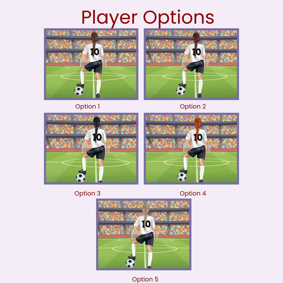 Player style options for a personalized girls soccer puzzle, showing multiple illustrated soccer players from behind with different hairstyles, skin tones, and appearances.