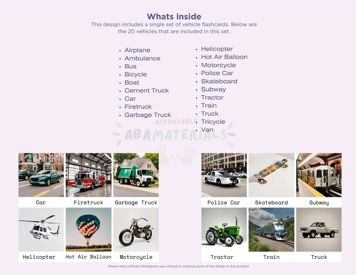 Vehicle Flashcards-20 Printable Picture and Word Flash Card Set Affordable ABA Materials