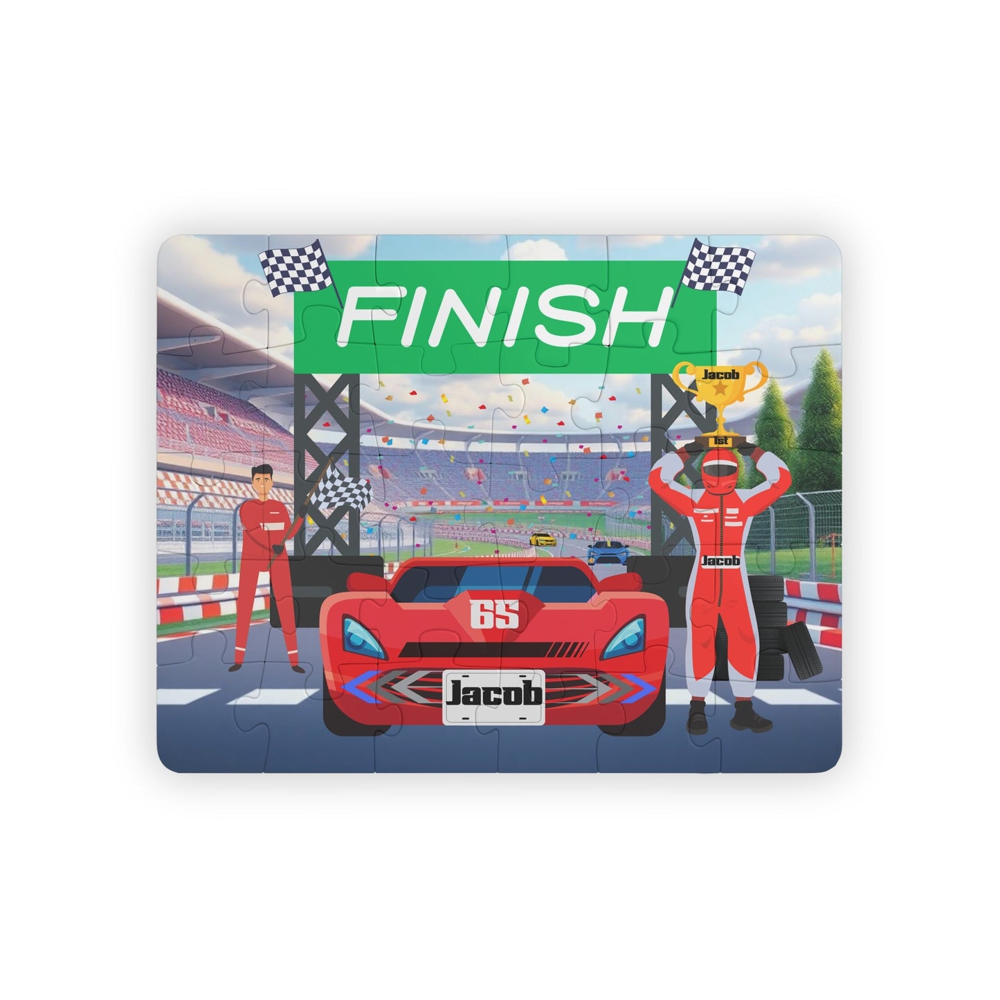 Personalized racecar jigsaw puzzle for kids showing a finish line stadium scene with a winning driver holding a trophy and a customizable child’s name displayed on the car’s license plate.