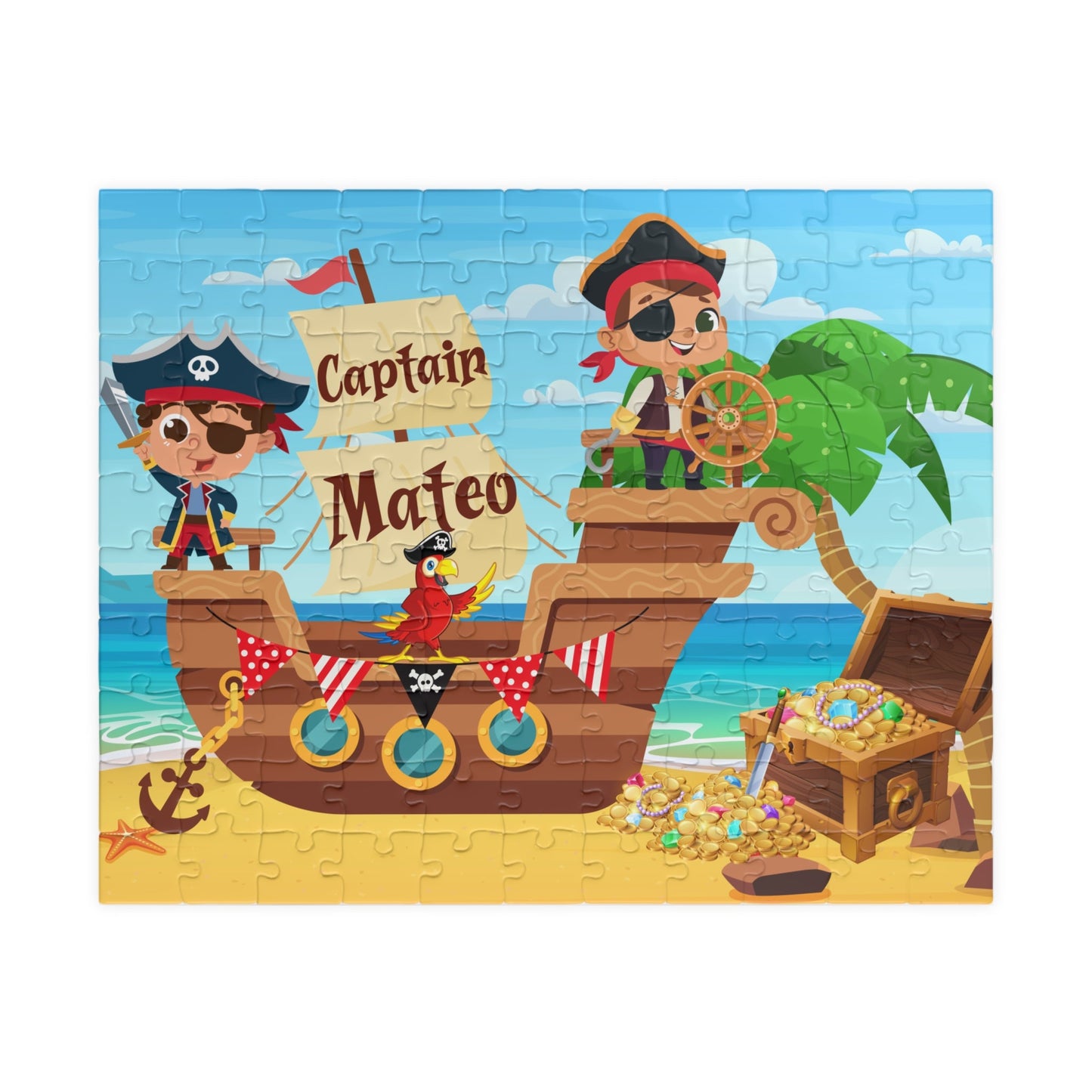 Personalized pirate ship name puzzle for kids featuring two cute cartoon pirates on a wooden ship with a parrot, ocean background, palm tree, and treasure chest filled with gold coins. The child’s name is customizable and appears on the sail of the ship (shown as “Captain Mateo”), making this a custom 110-piece jigsaw puzzle designed for children.