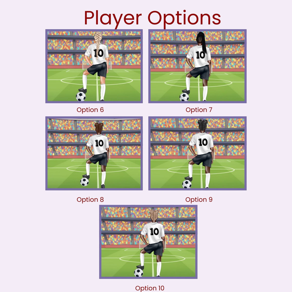 Player style options for a personalized girls soccer puzzle, showing multiple illustrated soccer players from behind with different hairstyles, skin tones, and appearances.