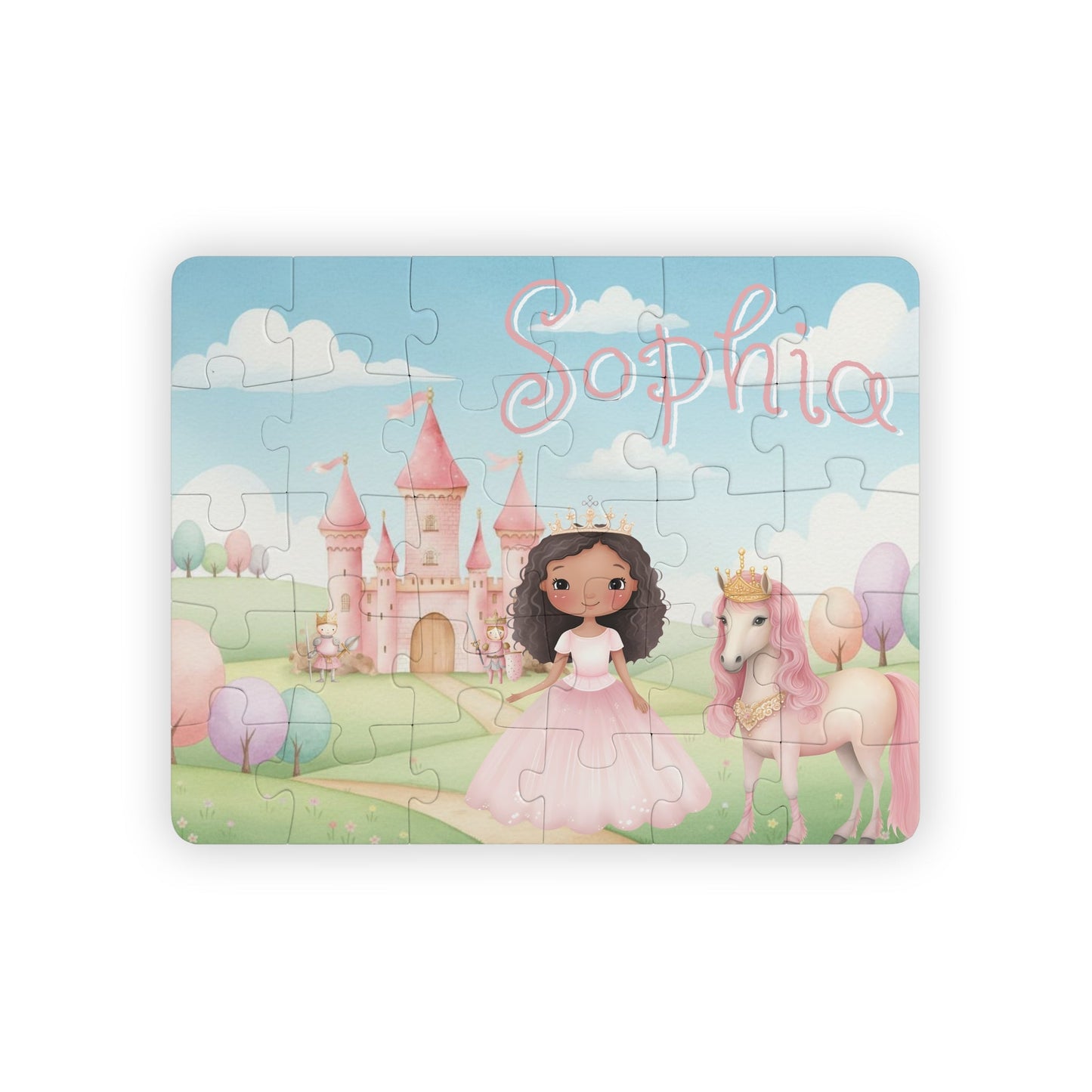 Personalized princess castle jigsaw puzzle with a customizable name printed across the top, featuring a princess character, pink castle, and unicorn in a pastel storybook scene