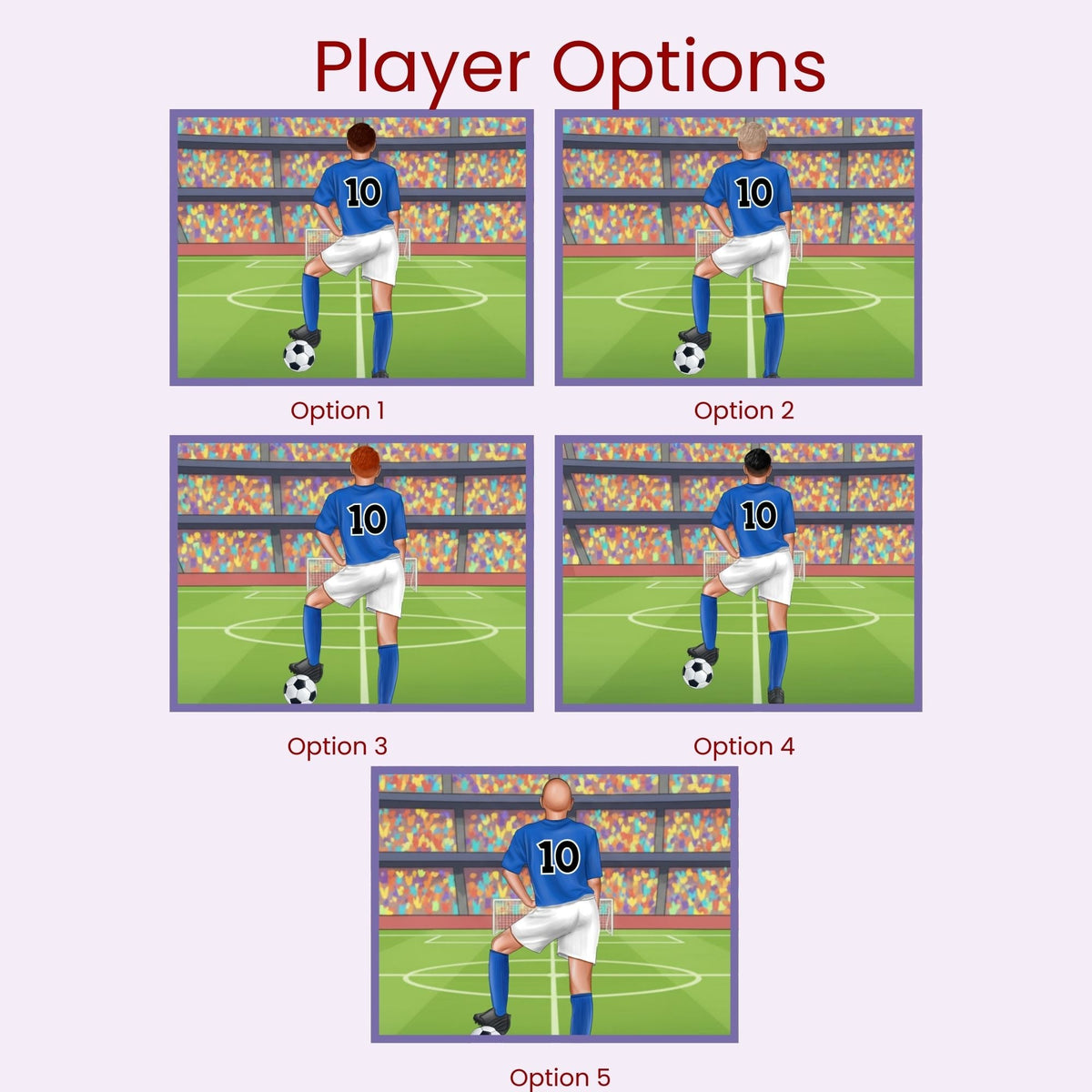 Player style options for a personalized boys soccer jigsaw puzzle, showing different hair styles and skin tones, with a customizable name on the scoreboard and a customizable number on the jersey.