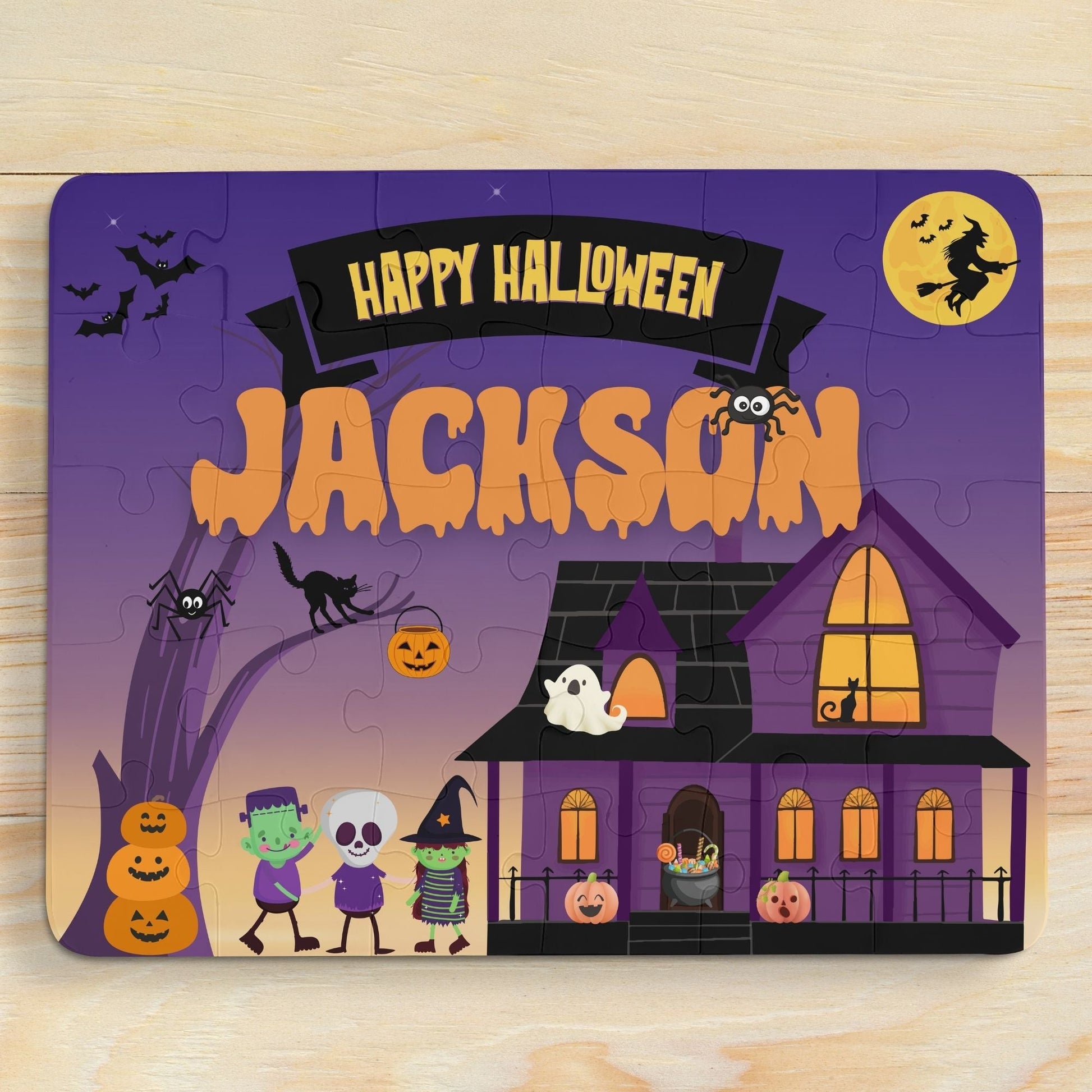 Personalized Halloween Kids Puzzle – 30 Piece Custom Jigsaw with Spooky House and Trick-or-Treaters Printify