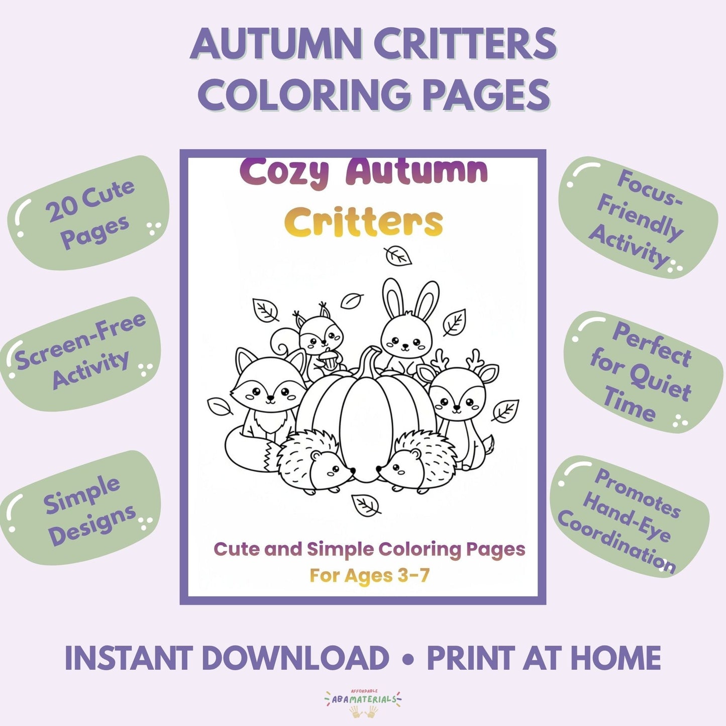 Cozy Autumn Critters Printable Coloring Book 20 Pages (PDF Download) Affordable ABA Materials