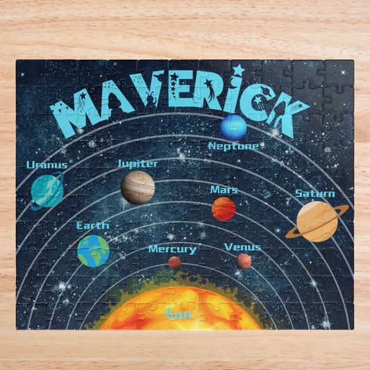 Personalized Space-Themed Kids Puzzle – 110 Piece Solar System Jigsaw with Custom Name – Educational Gift for Older Kids & Families Printify