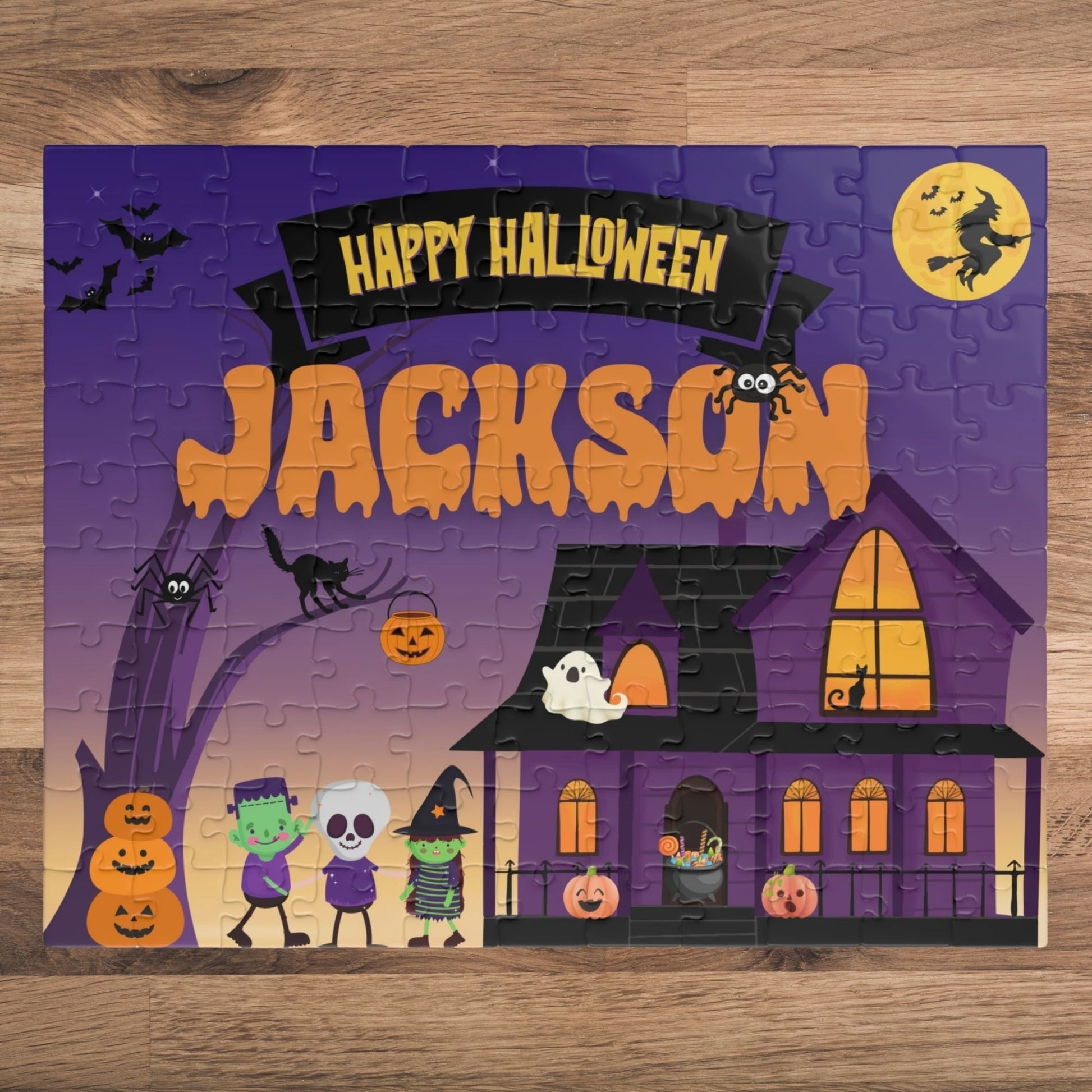 Personalized Halloween Kids Puzzle – 110-Piece Custom Jigsaw with Spooky Haunted House & Trick-or-Treaters Affordable ABA Materials