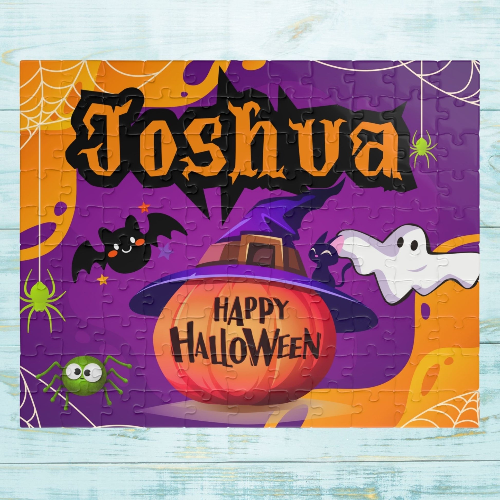 Personalized Halloween Kids Jigsaw Puzzle - 110 Piece Custom Name Puzzle with Ghosts, Pumpkins, Bats, Spiders & Haunted Scene Affordable ABA Materials
